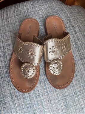 Jack Rogers Gold Leather Thong Sandals with Signature Medallion